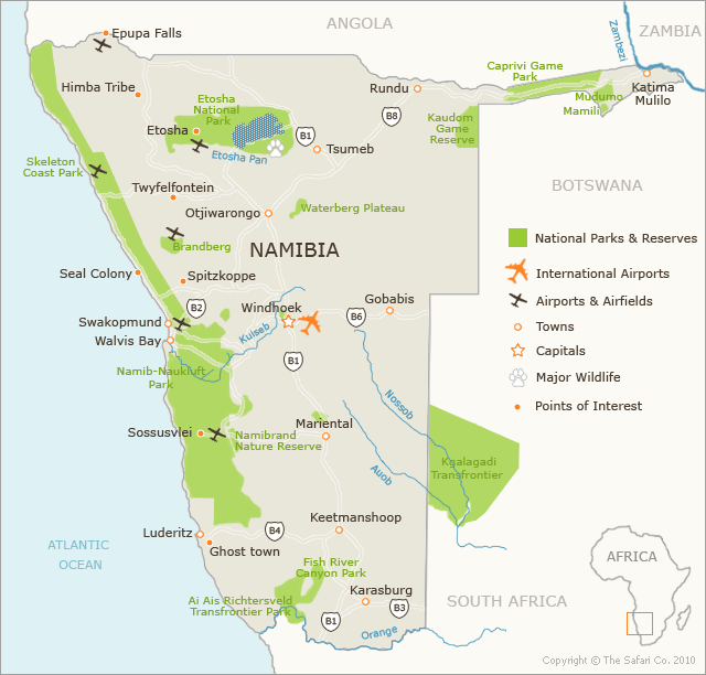 Namibia map highlighting national parks, reserves, towns, and airports.