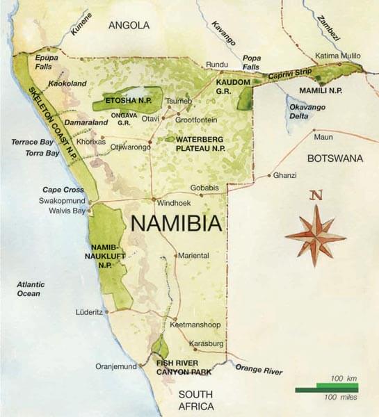 Namibia physical map showing national parks and key natural landmarks.