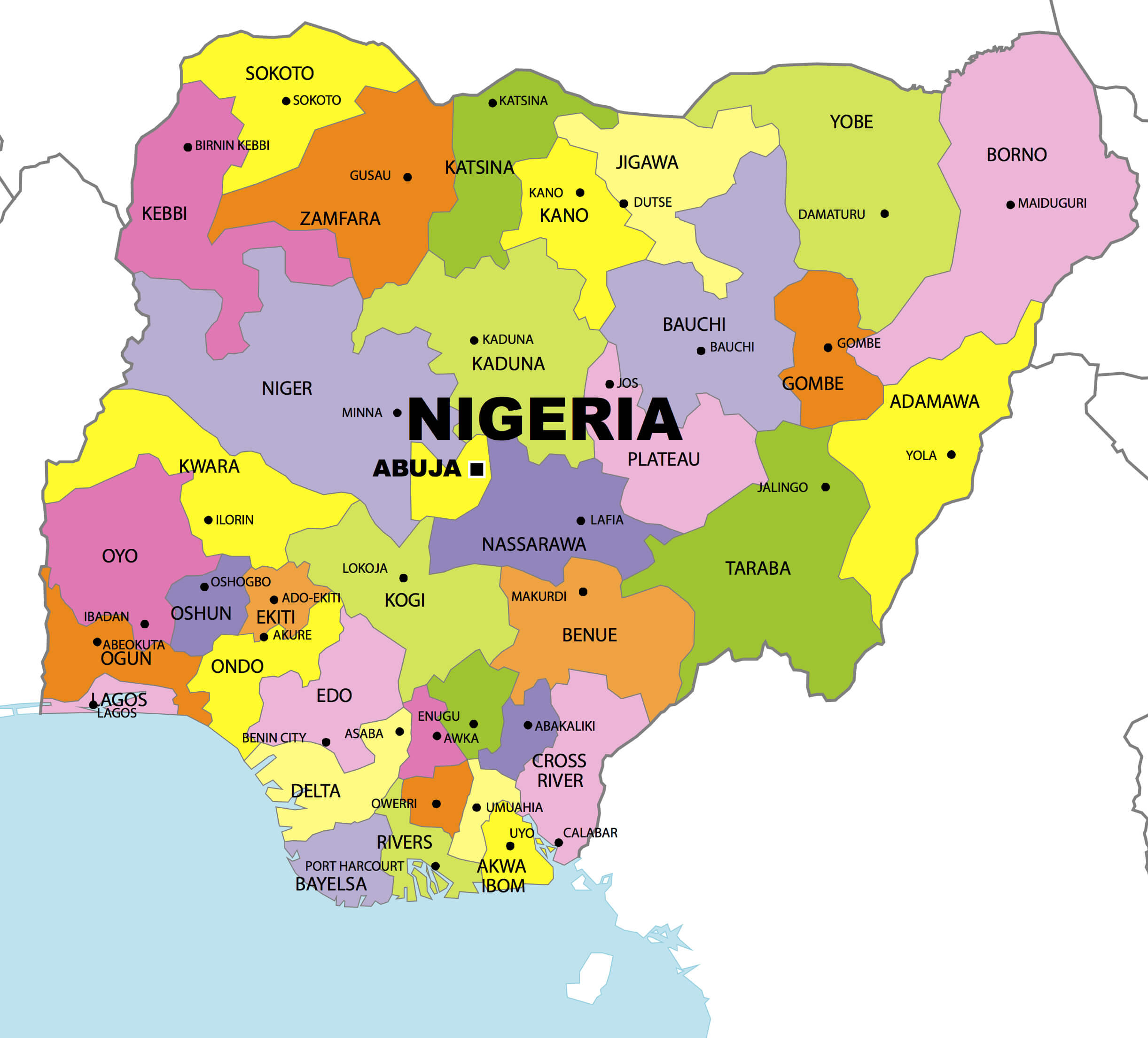 Administrative Map of Nigeria with States and Capitals