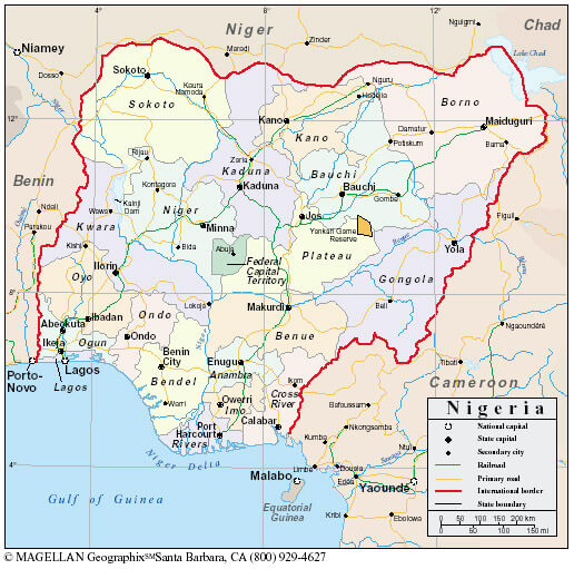 Map of Nigeria showing states, capitals, and major cities with boundaries.