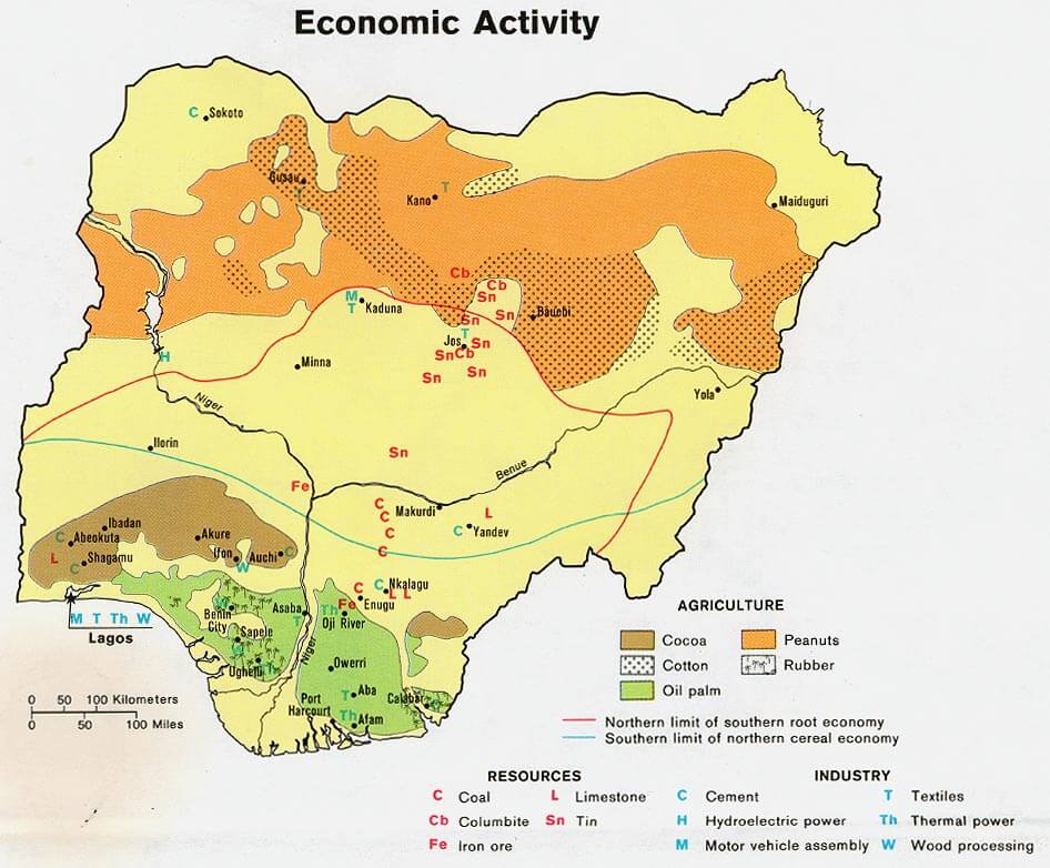 Nigeria economic activity map showing agriculture, resources, and industries.