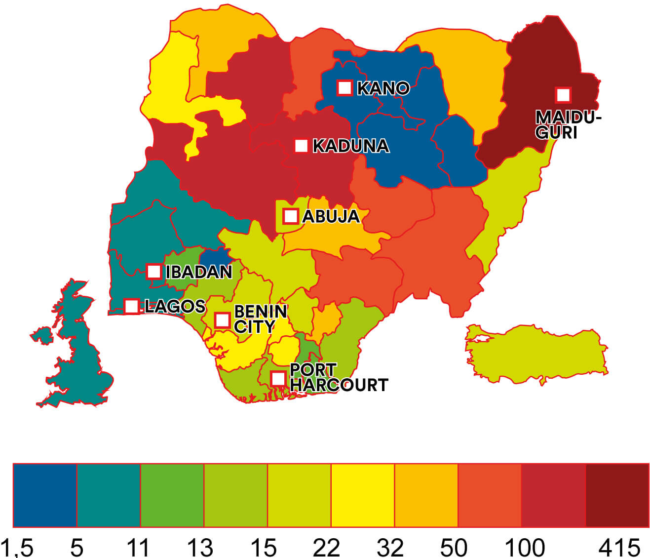 Nigeria homicide map comparing UK Turkey