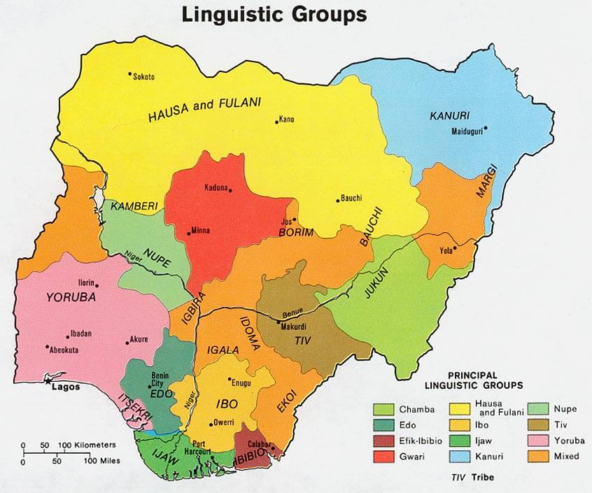 Linguistic map of Nigeria showing major languages and ethnic groups by region.