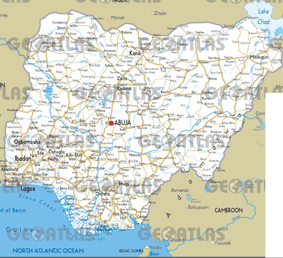 Map of Nigeria with roads, cities, and Abuja as the capital.