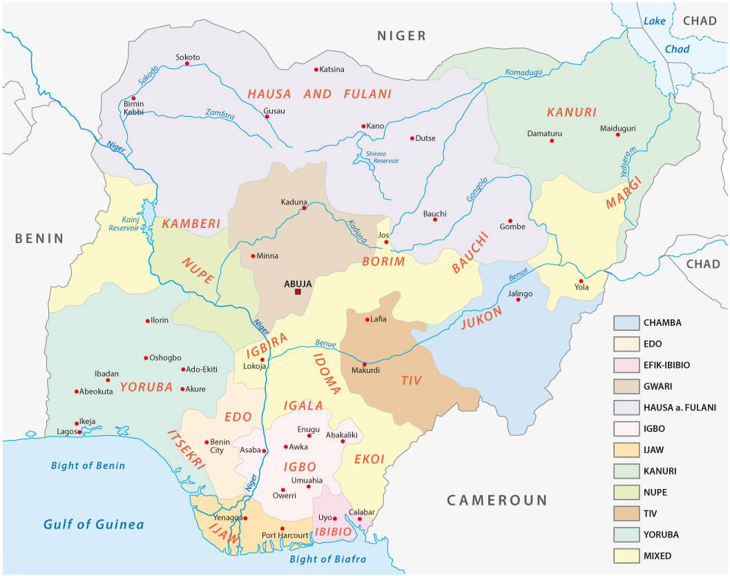 Nigeria provinces map with rivers and cities