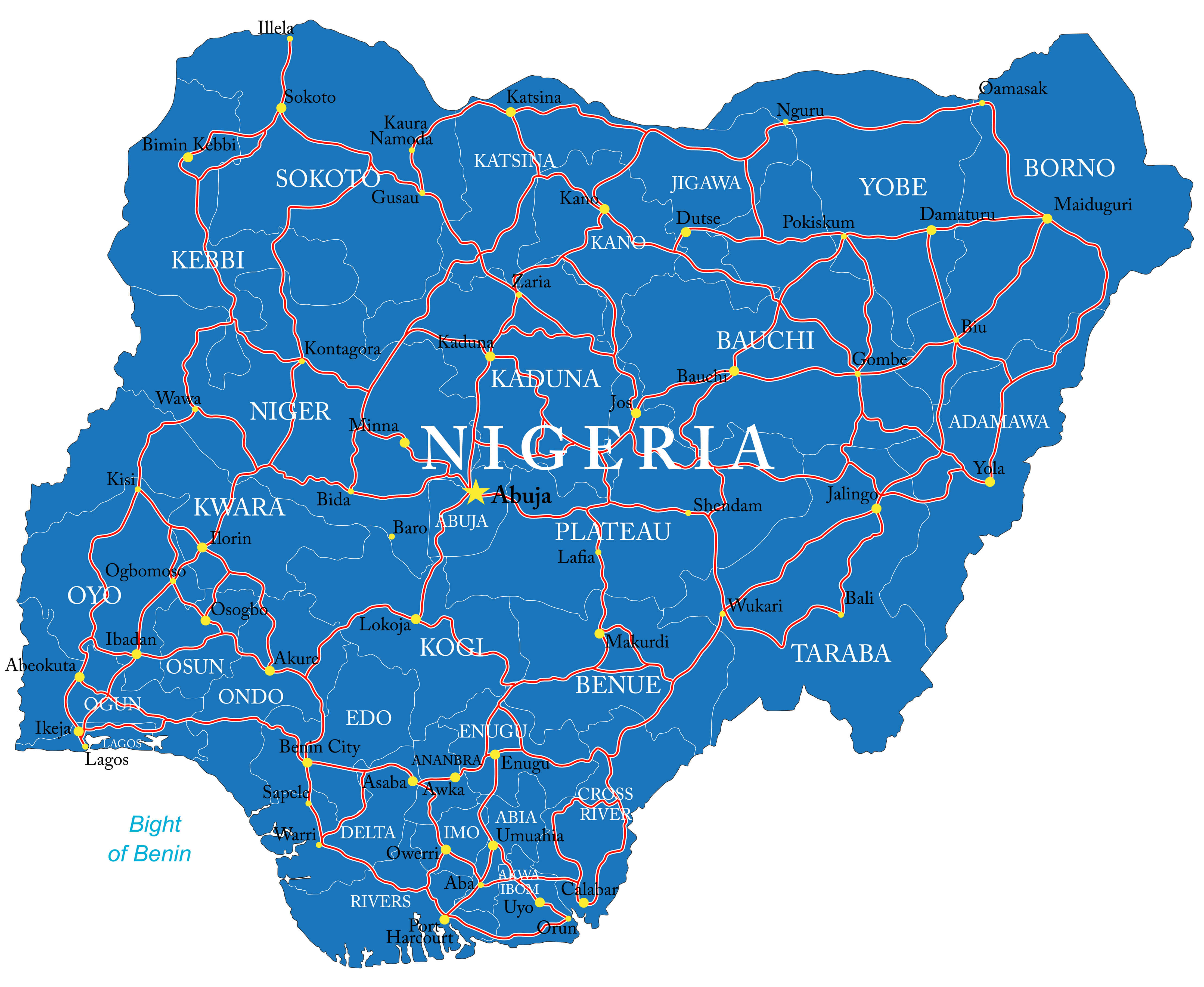 Nigeria Road Map with Cities and Highways