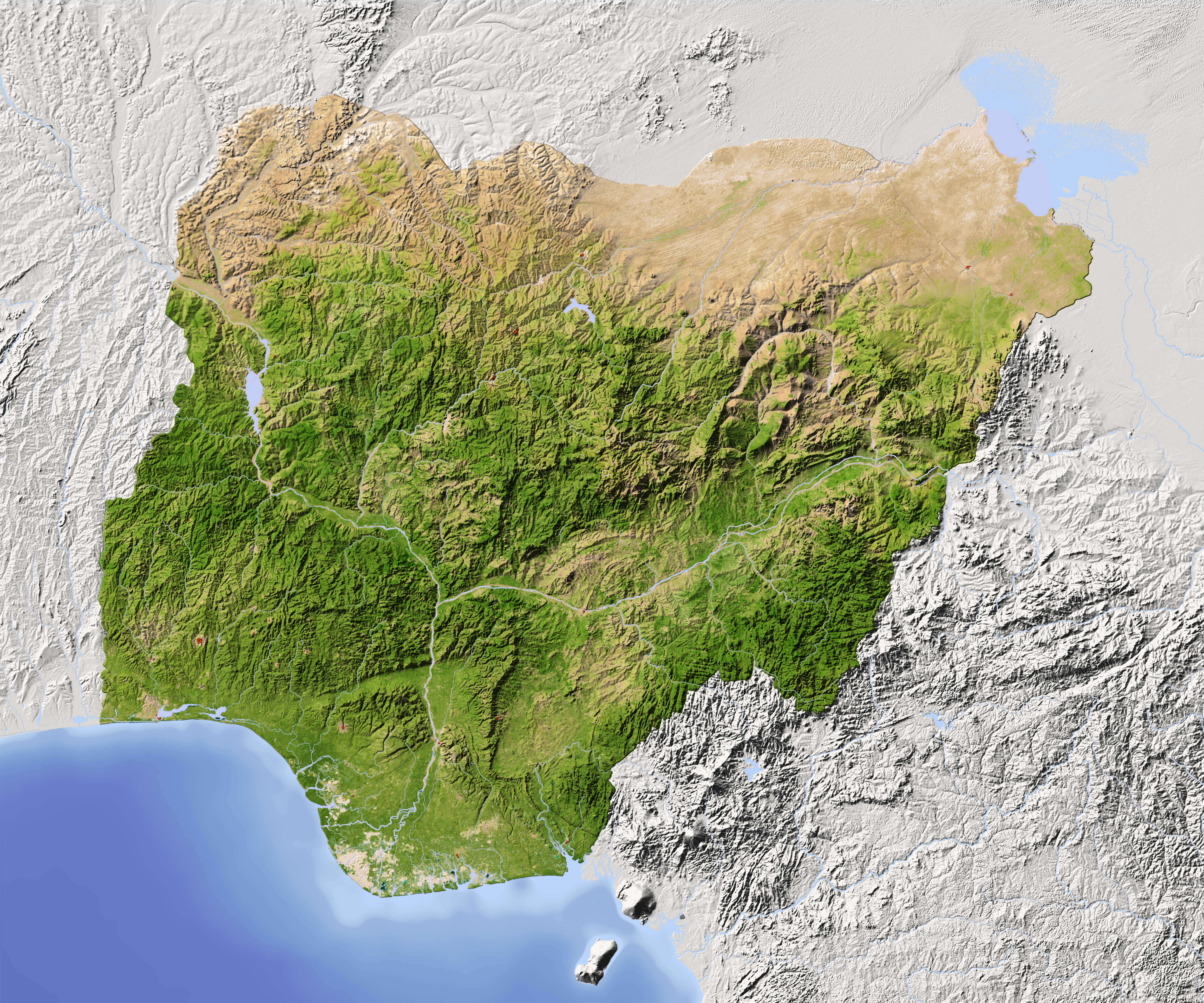 Satellite Map of Nigeria Showing Terrain and Vegetation