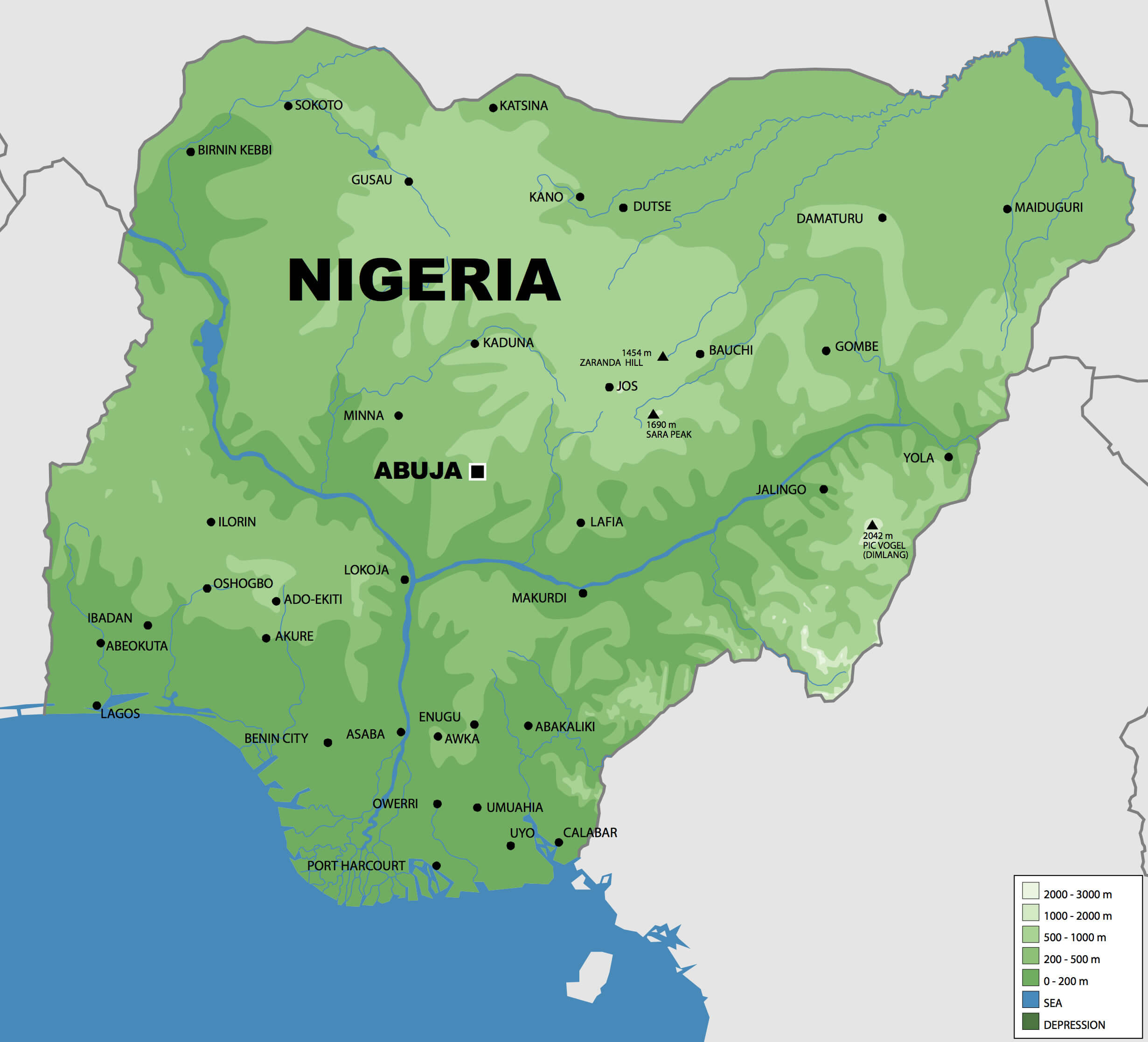 Physical map of Nigeria with cities
