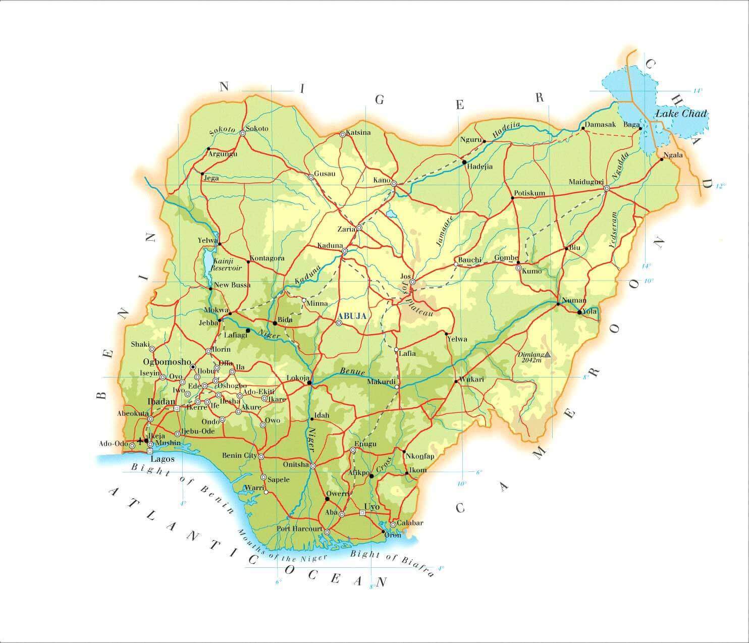 Physical map of Nigeria