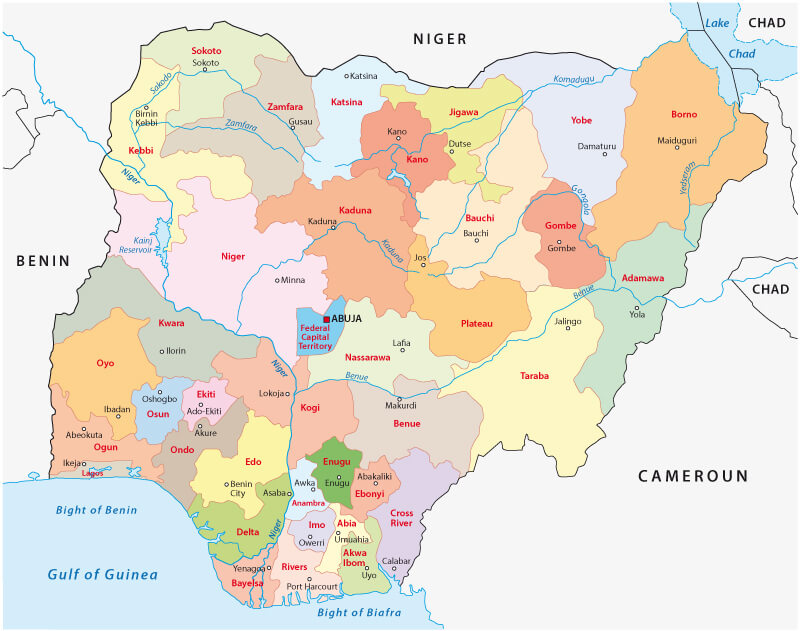 Regions map of Nigeria