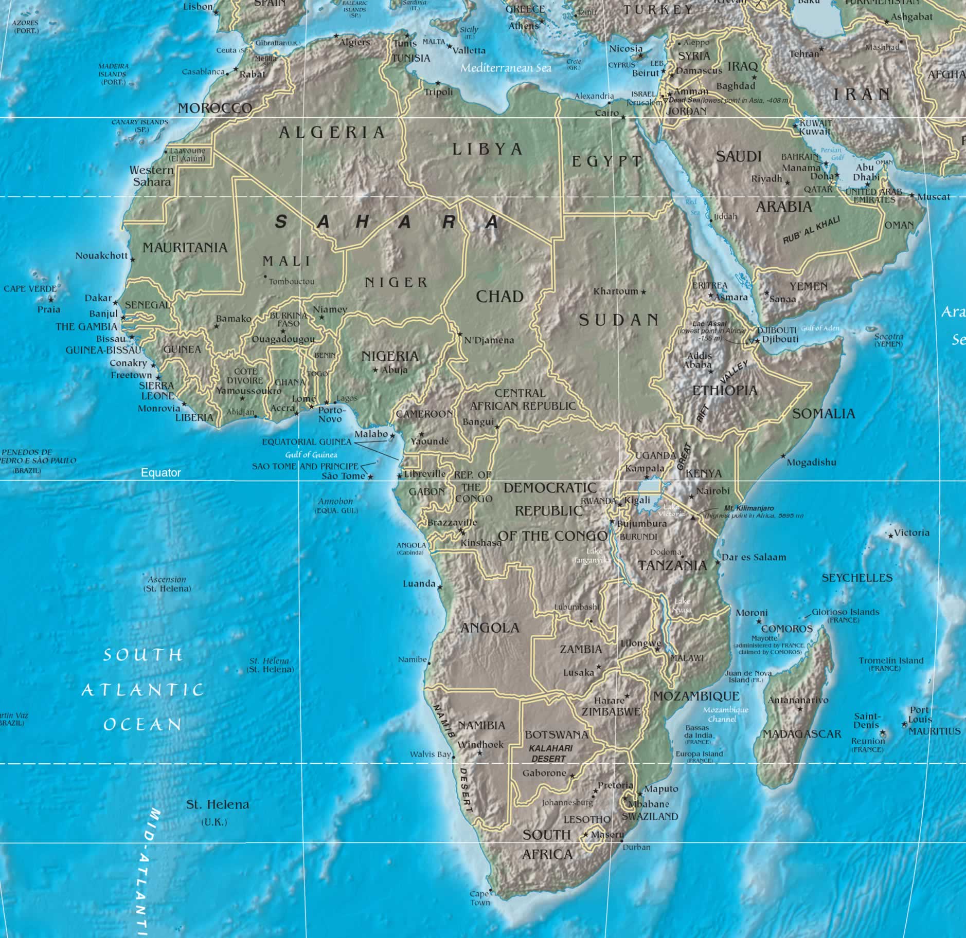 Africa physical map with atlantic ocean