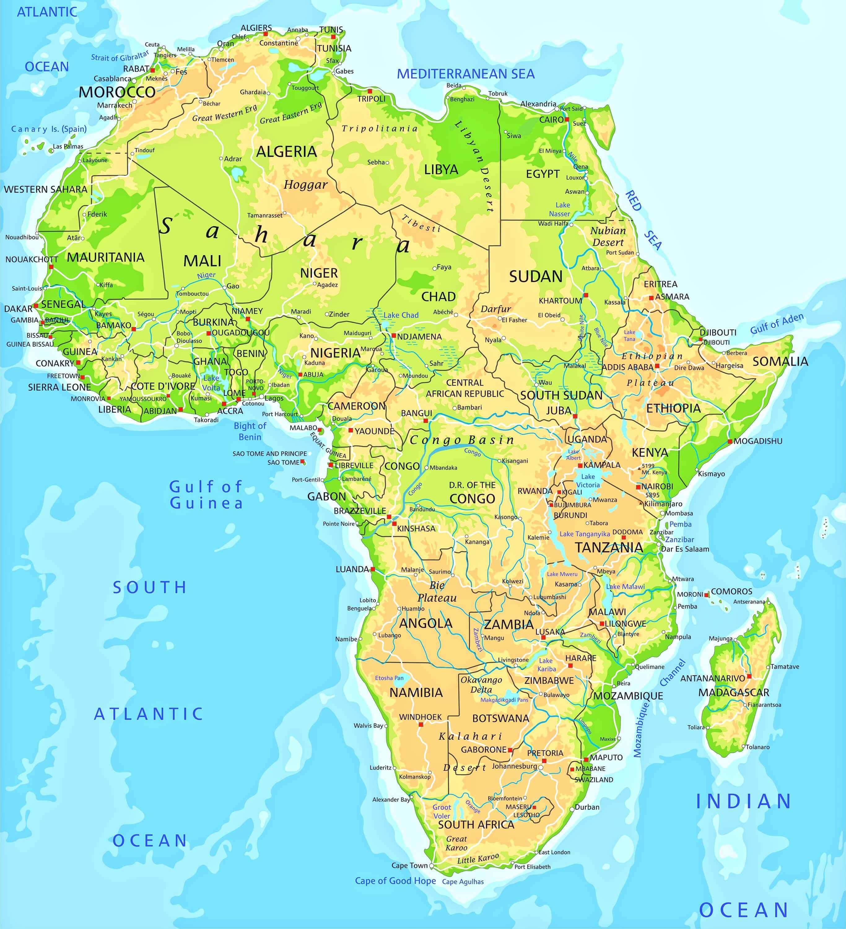 Africa Physical Map with Topography and Natural Features