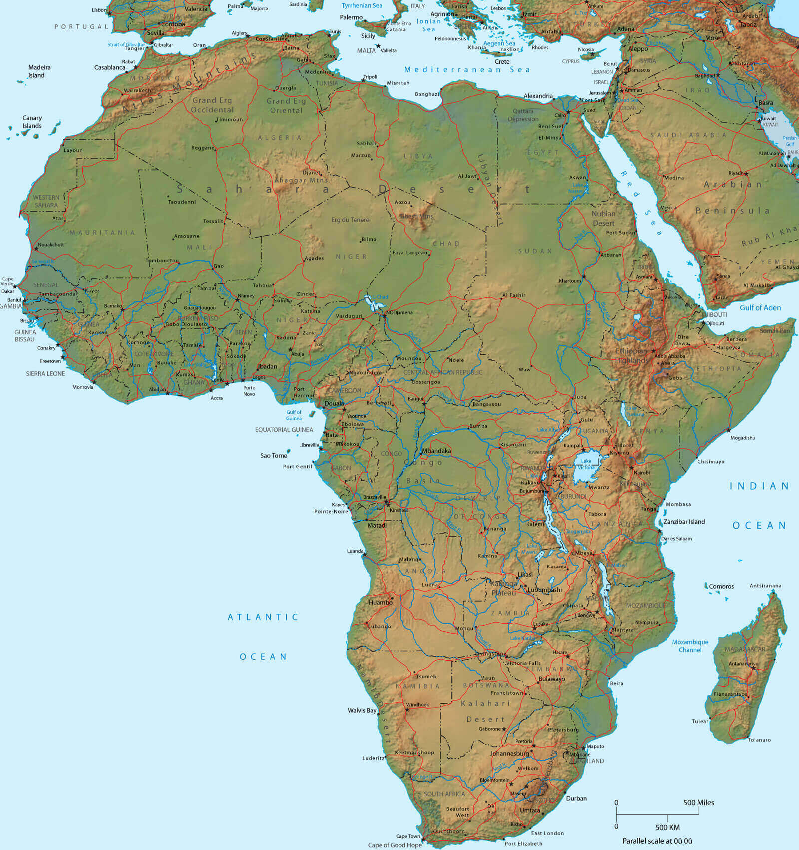 Physical Map of Africa with Mountains, Rivers and Terrain Features