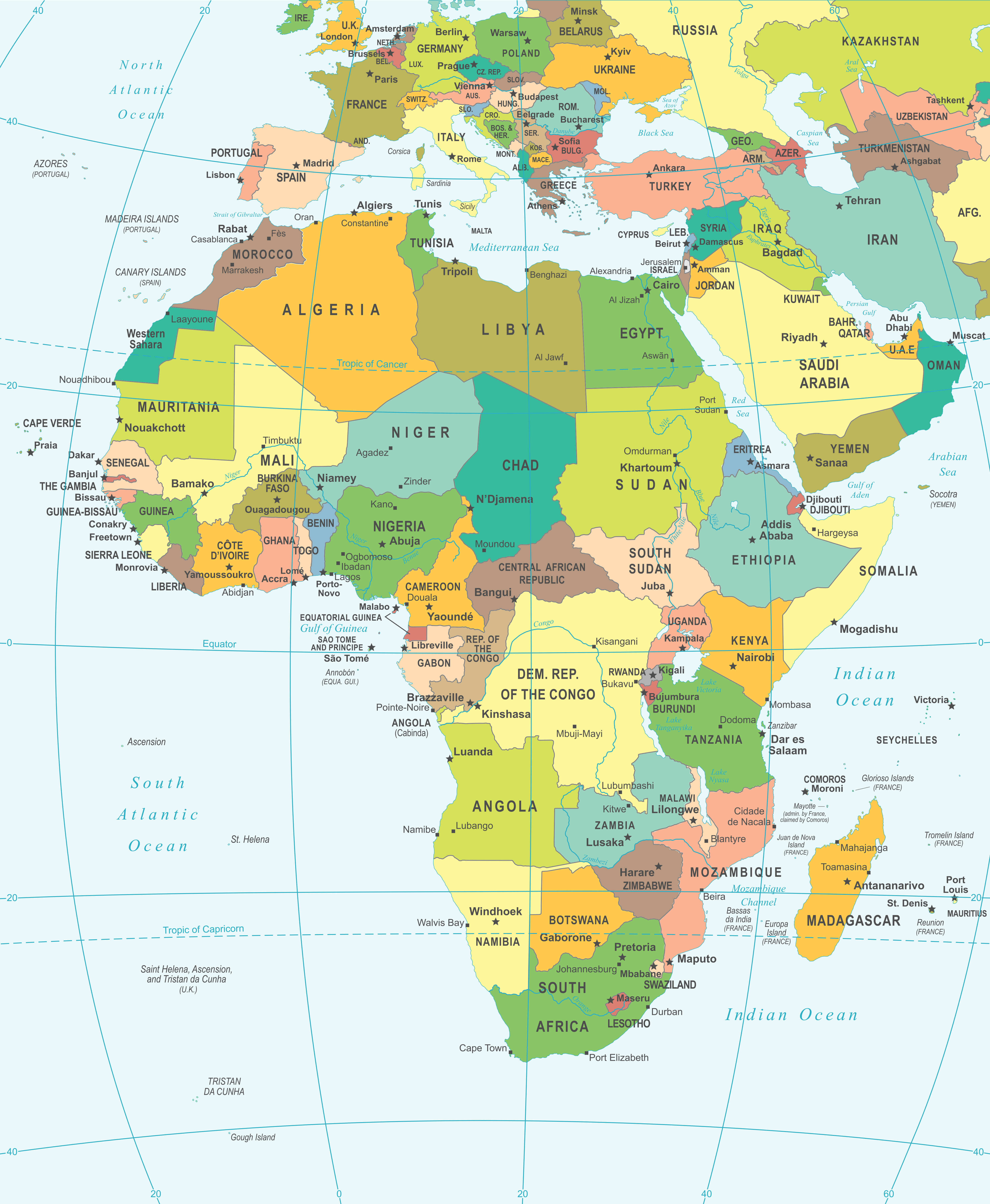 Africa political map with Europe and Middle East
