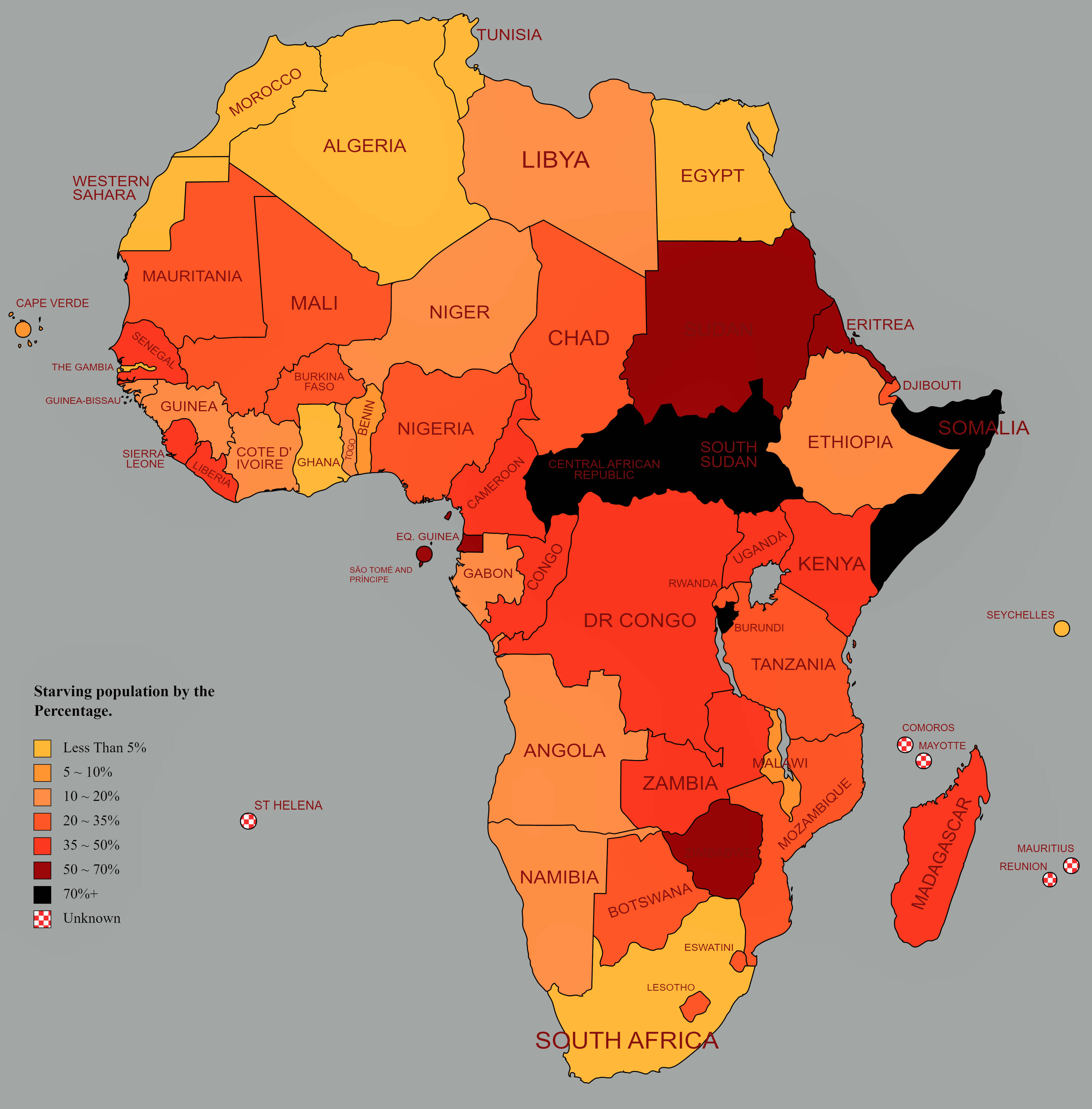 Africa starving population by percentage map