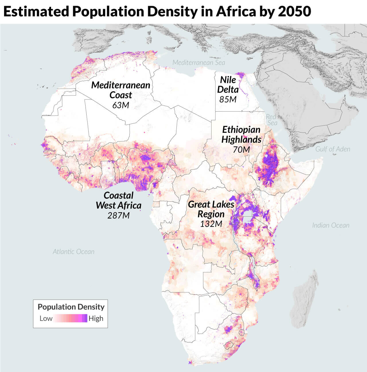 Population density map in Africa by 2050
