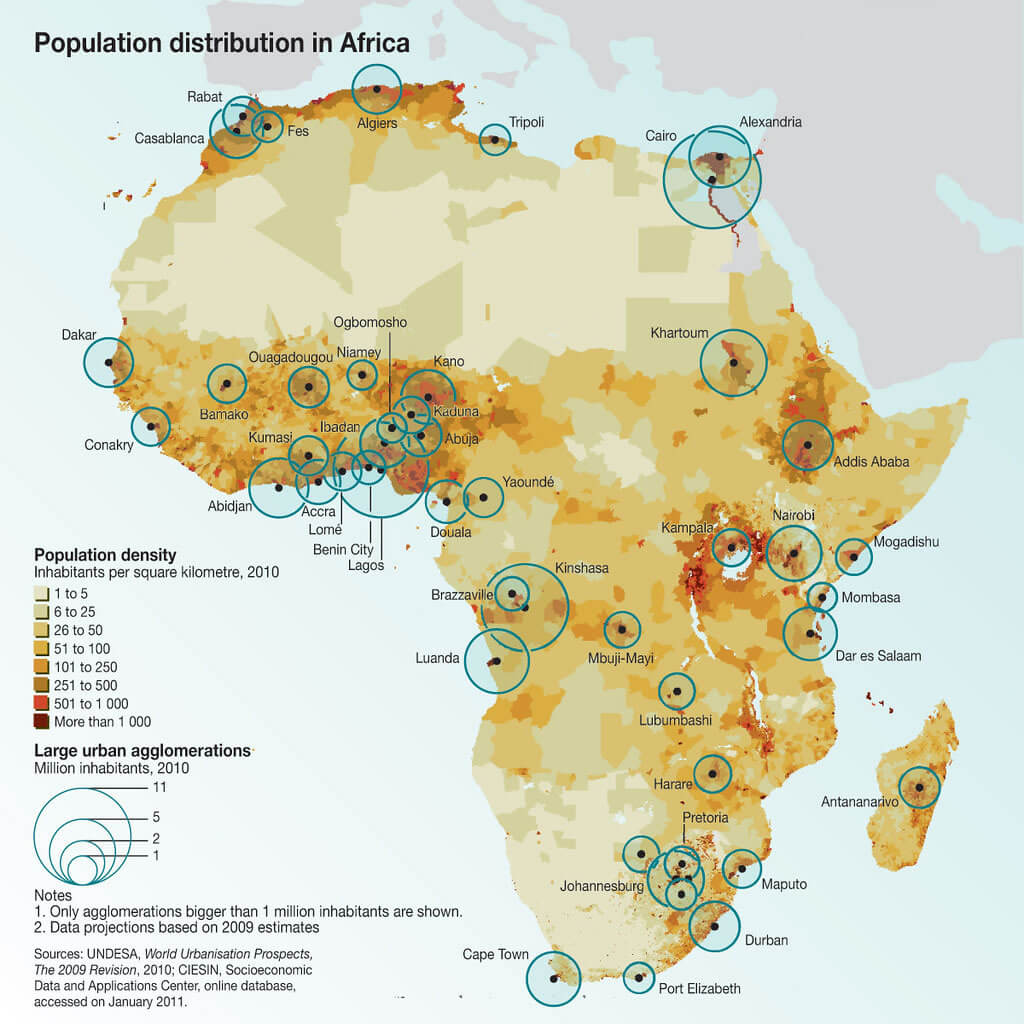 Population distribution map in Africa