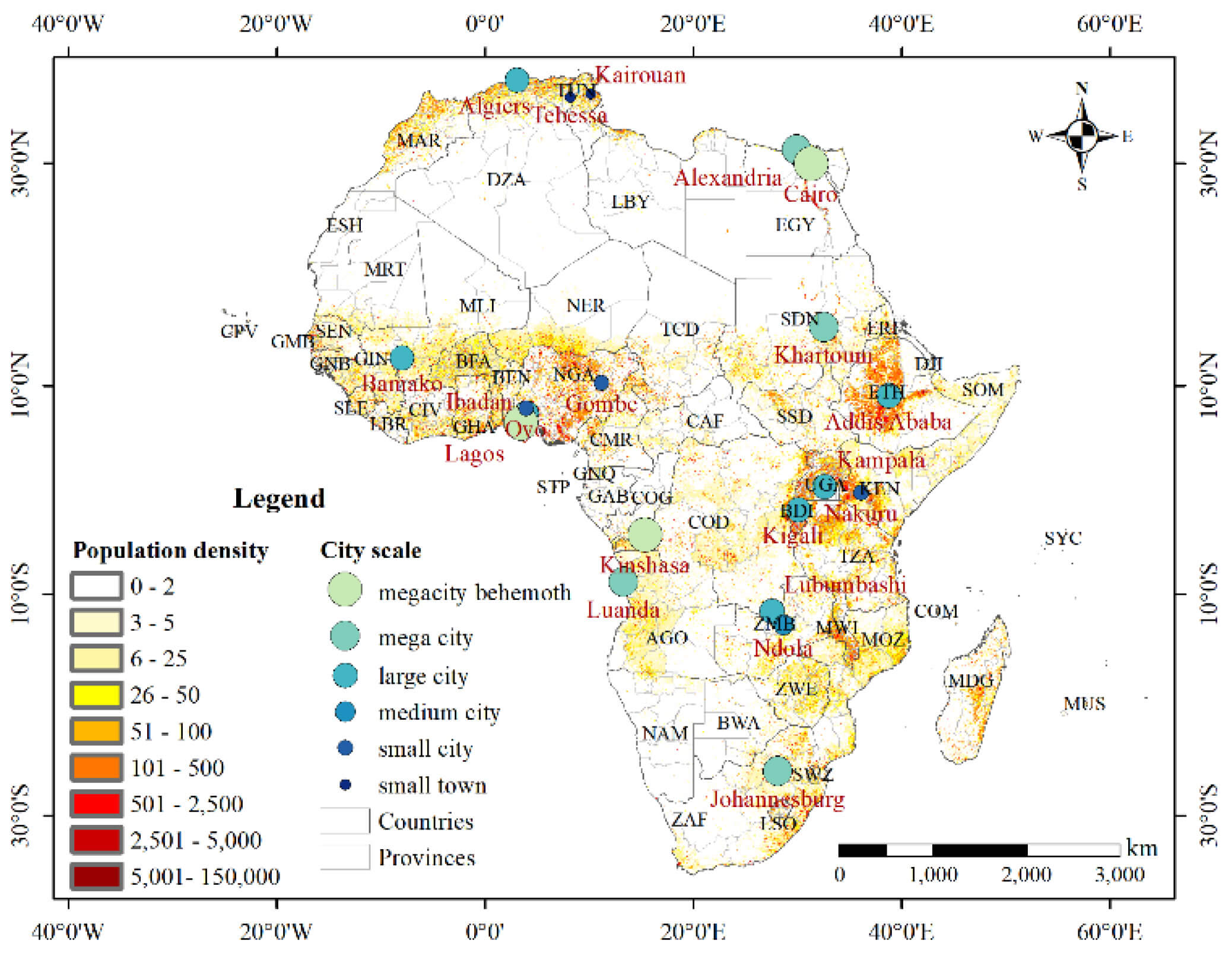 Urban land expansion and population growth map in Africa