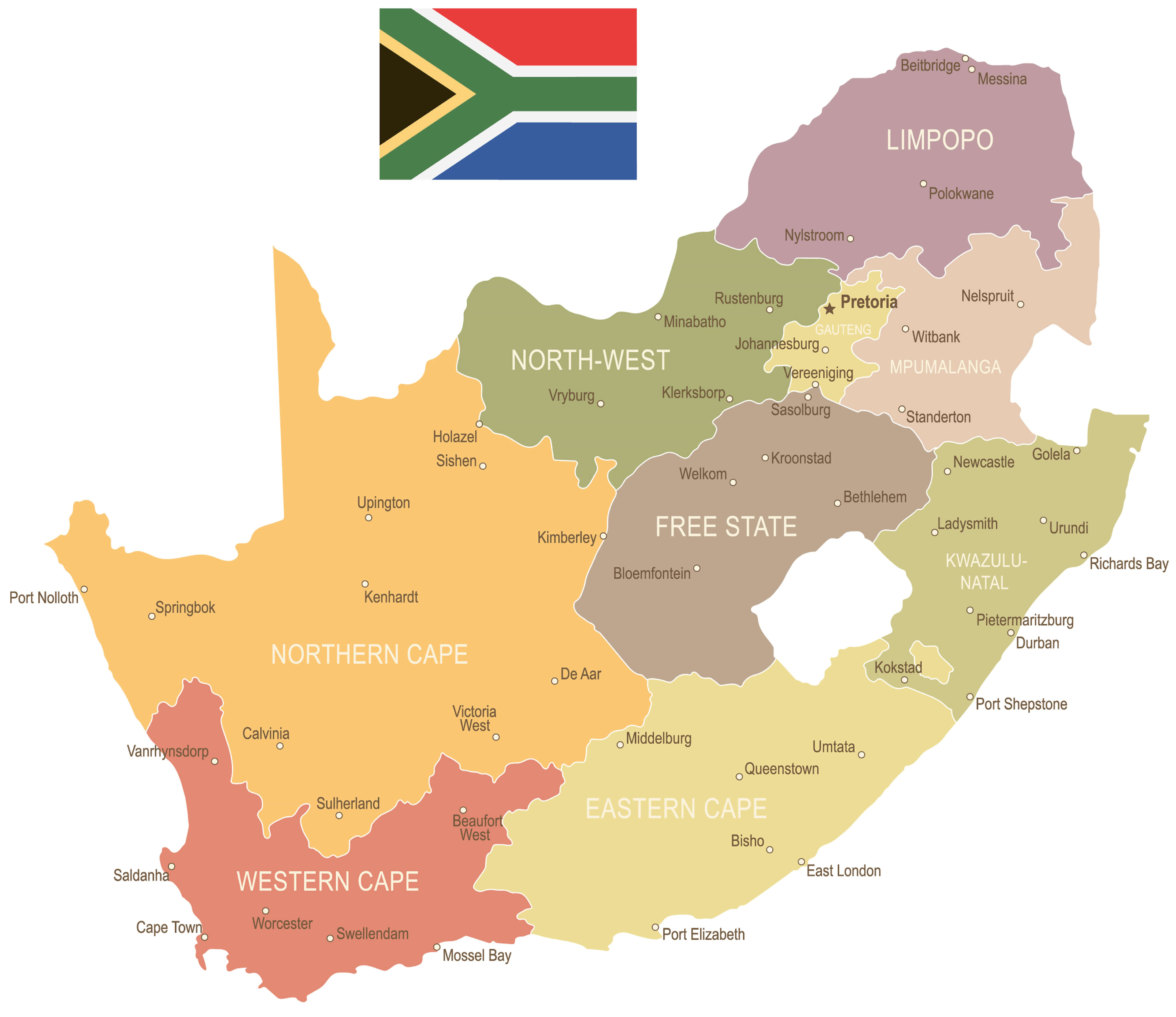 Map of South Africa and national flag