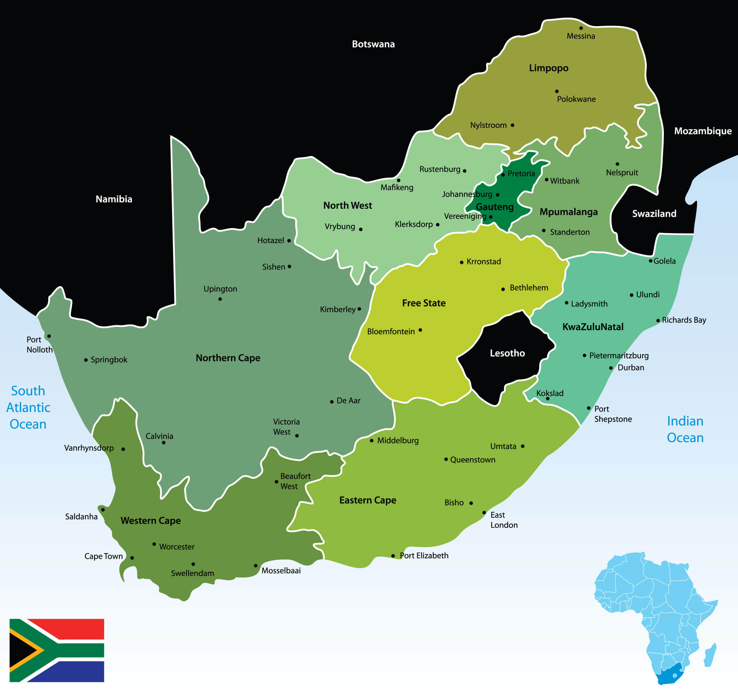 Map of South Africa with national flag