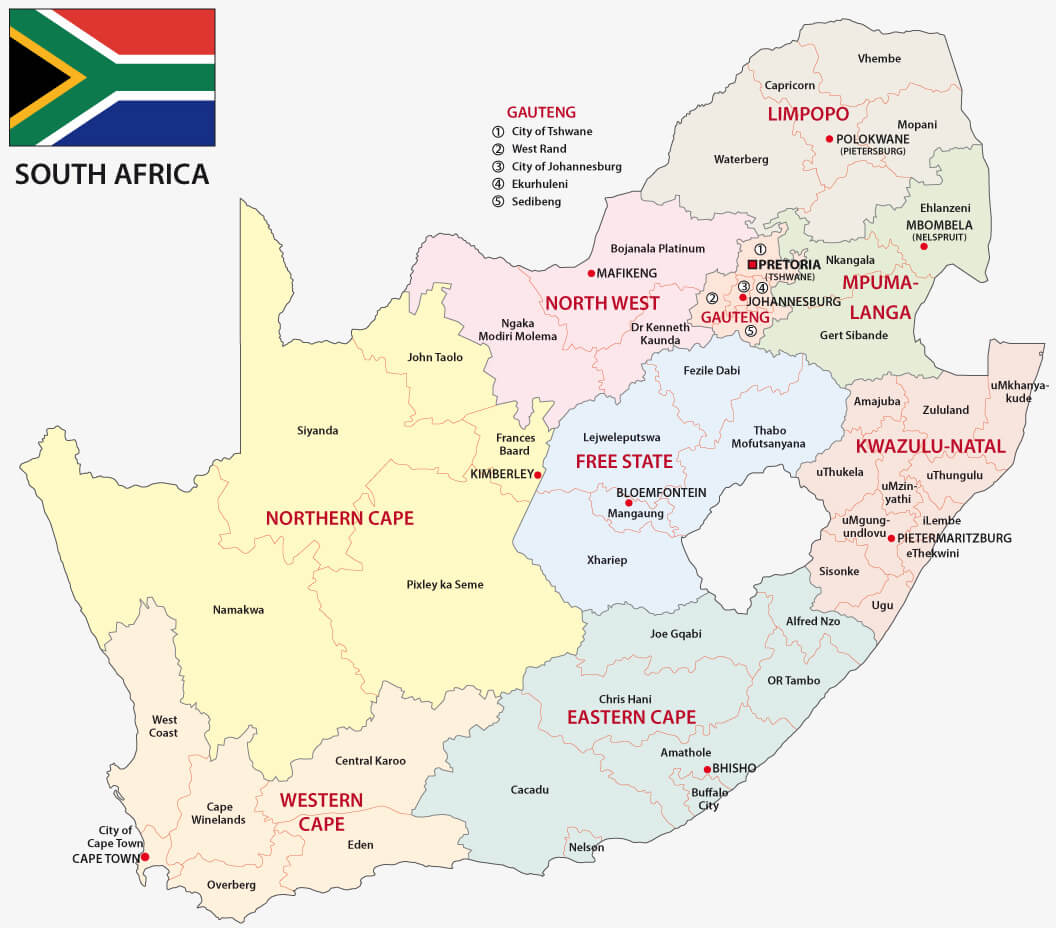 South Africa administrative map with flag