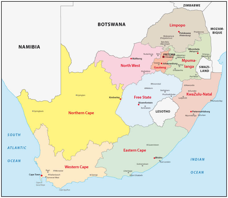 South Africa administrative map with regions