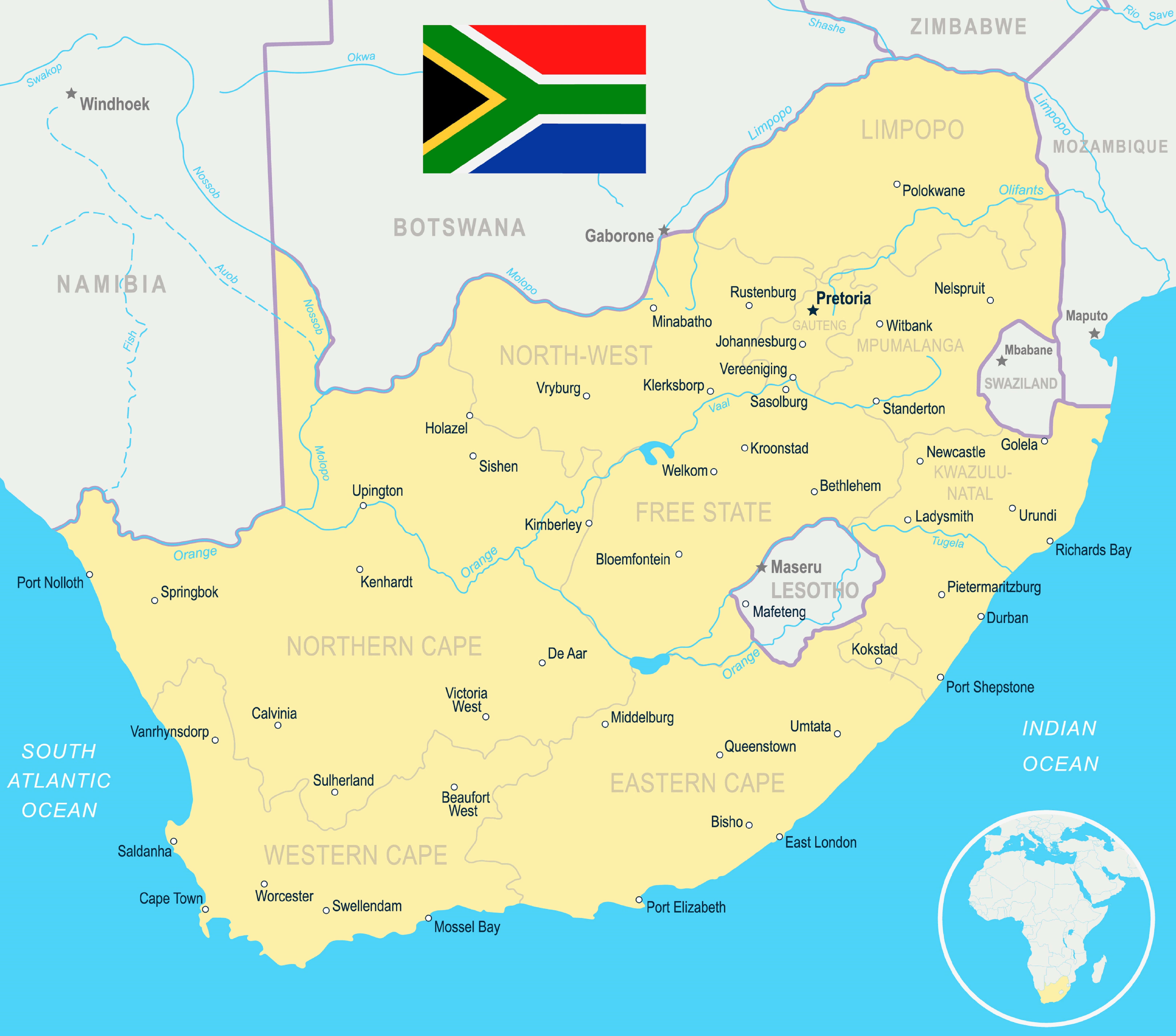 South Africa cities map with flag