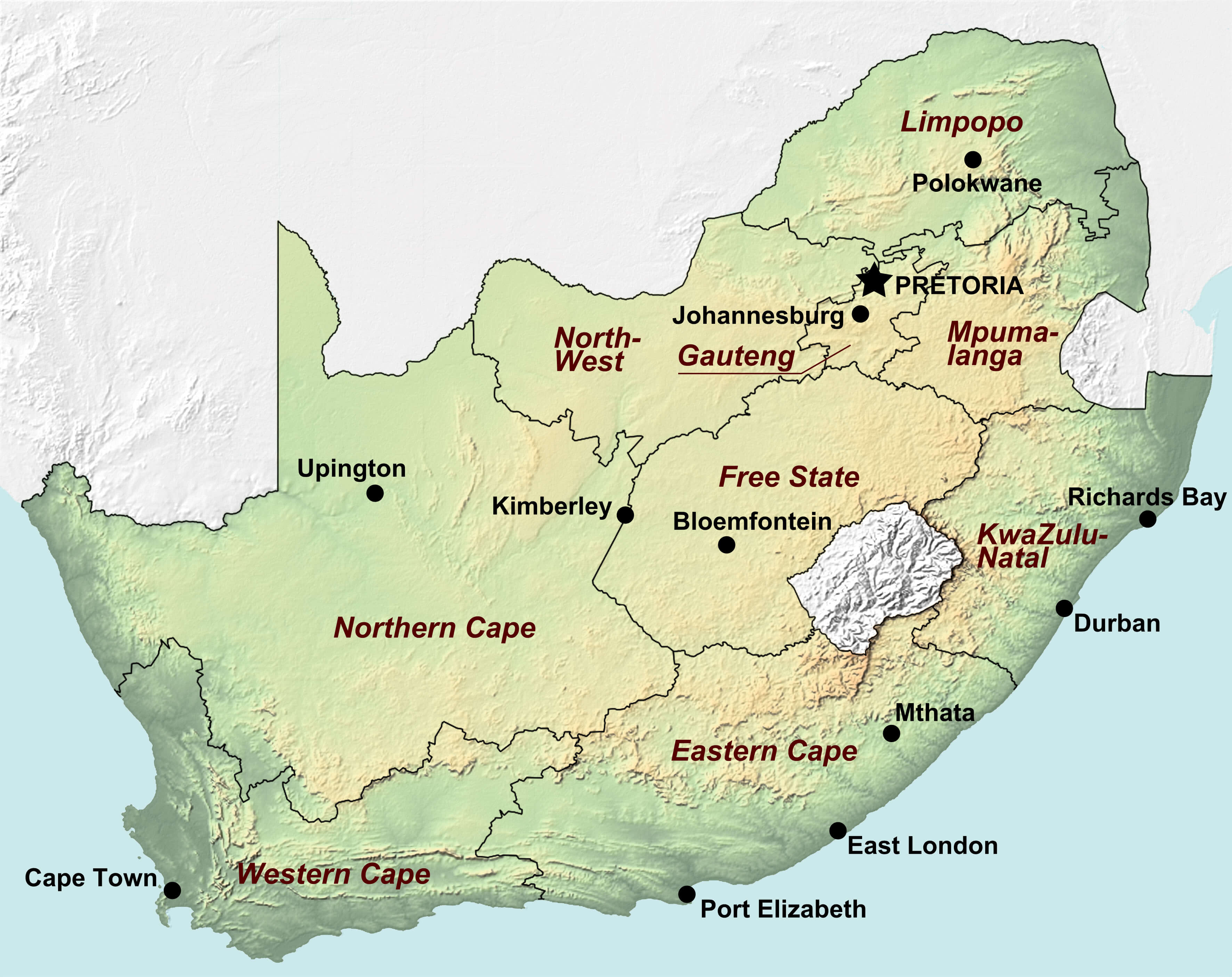 South Africa physical map with major cities