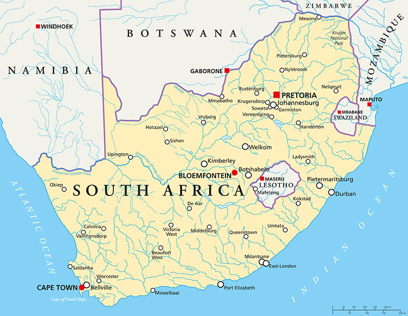 South Africa political map with rivers and cities