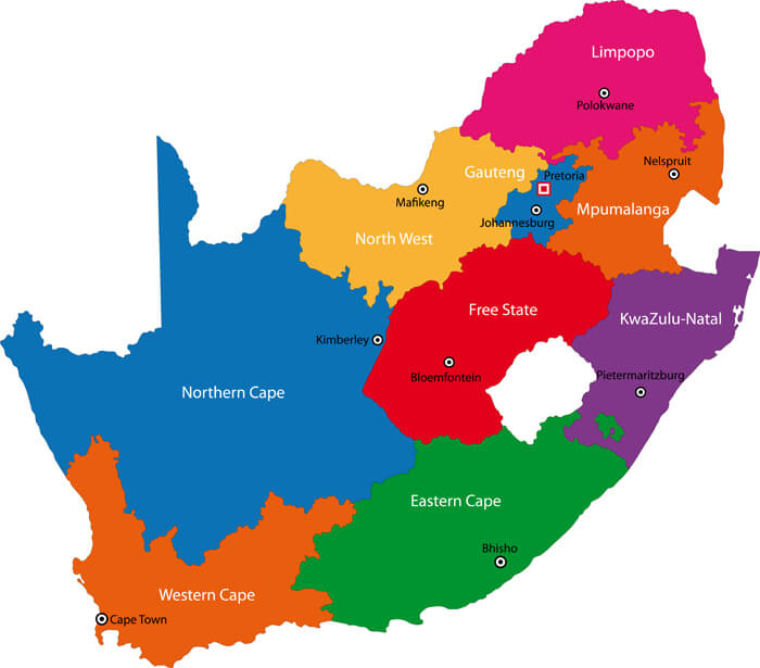 South Africa provinces map with cities