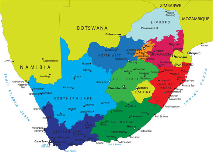 South Africa regions map with Neighbouring countries