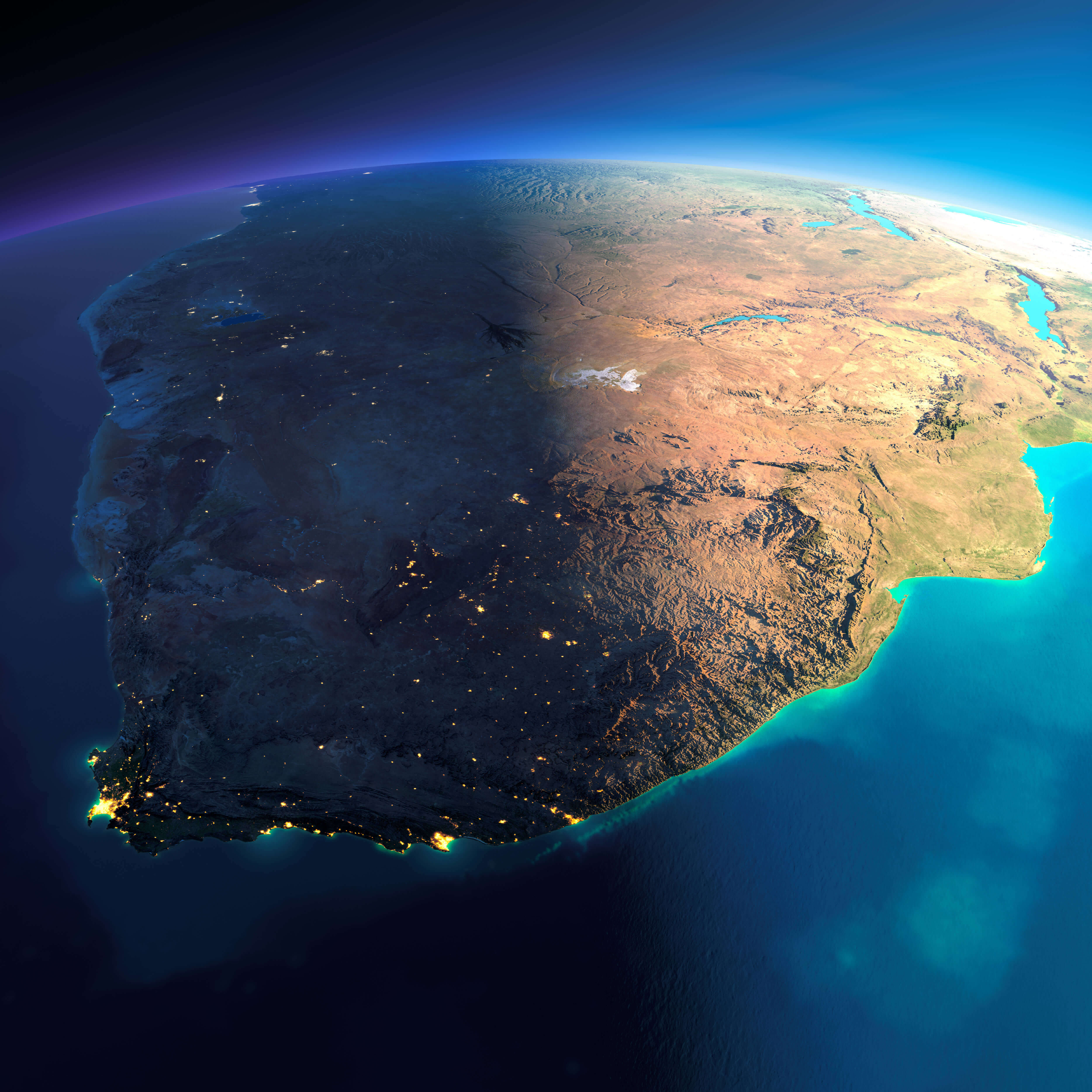 South Africa satellite map at night and day