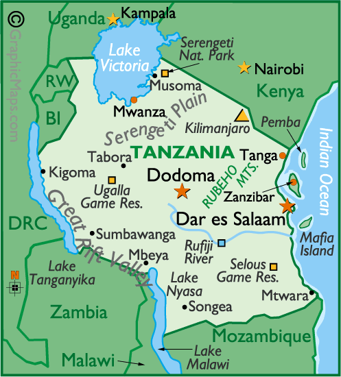 Tanzania map showing major cities, rivers, lakes, and national parks.