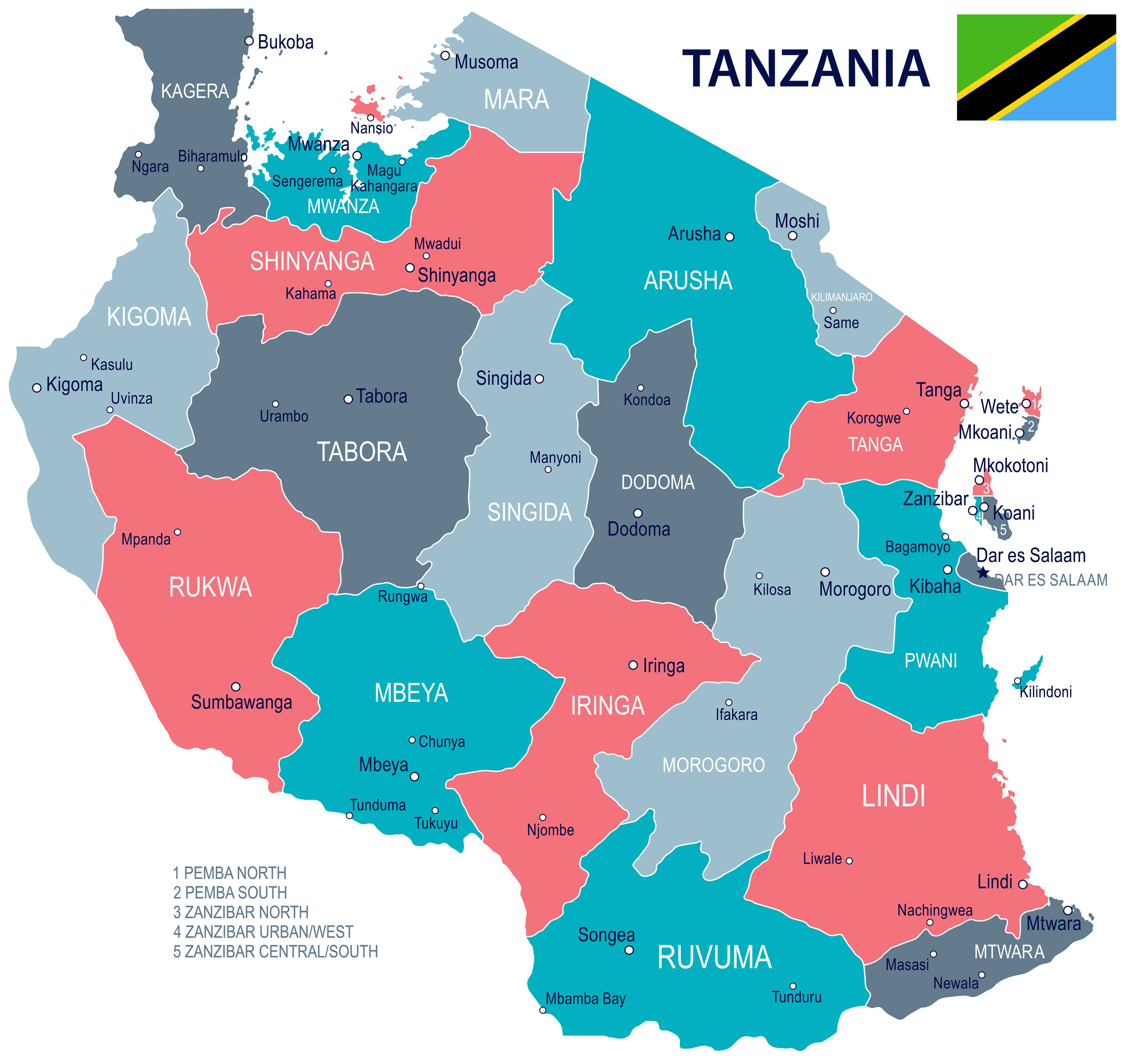 Tanzania colorful regions map