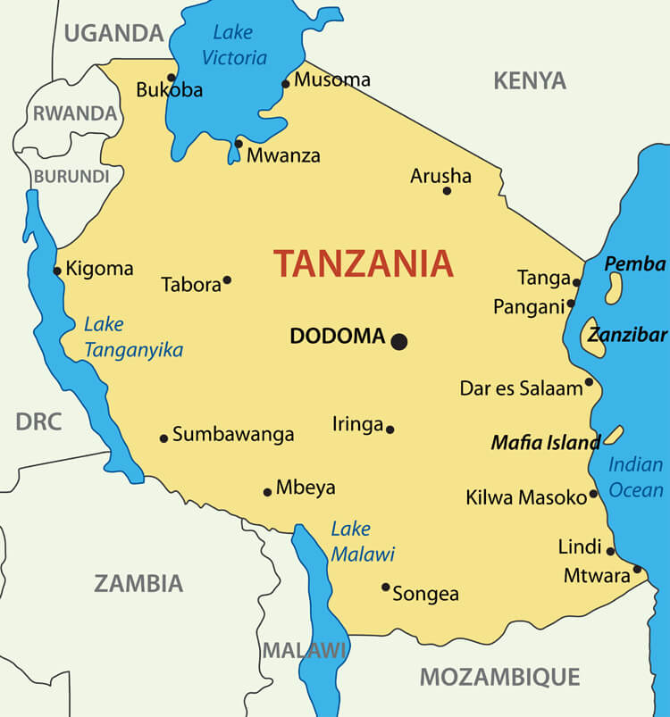 Tanzania major cities map
