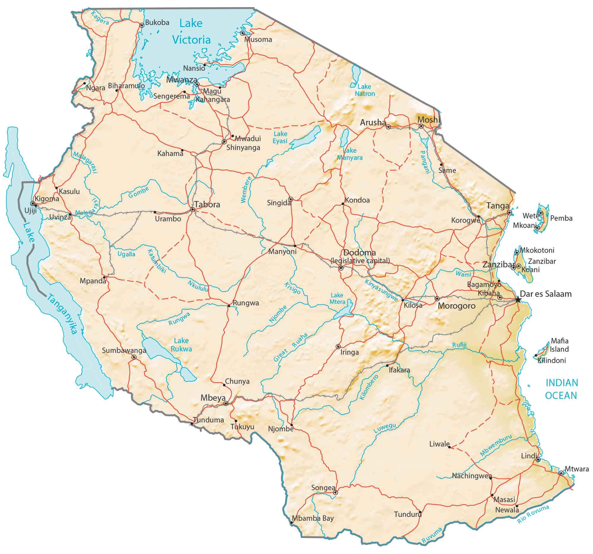 Tanzania Map with cities and parks