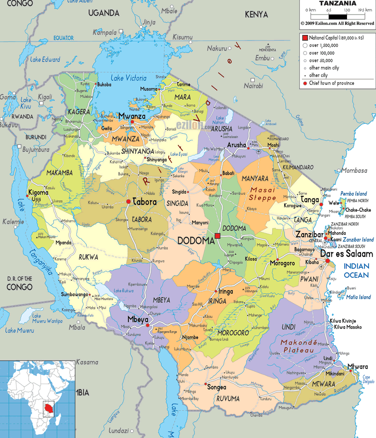 Color-coded map of Tanzania with regions, cities, and borders.