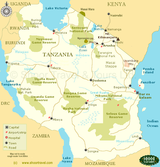 Map of Tanzania showing national parks, lakes, and major regions.