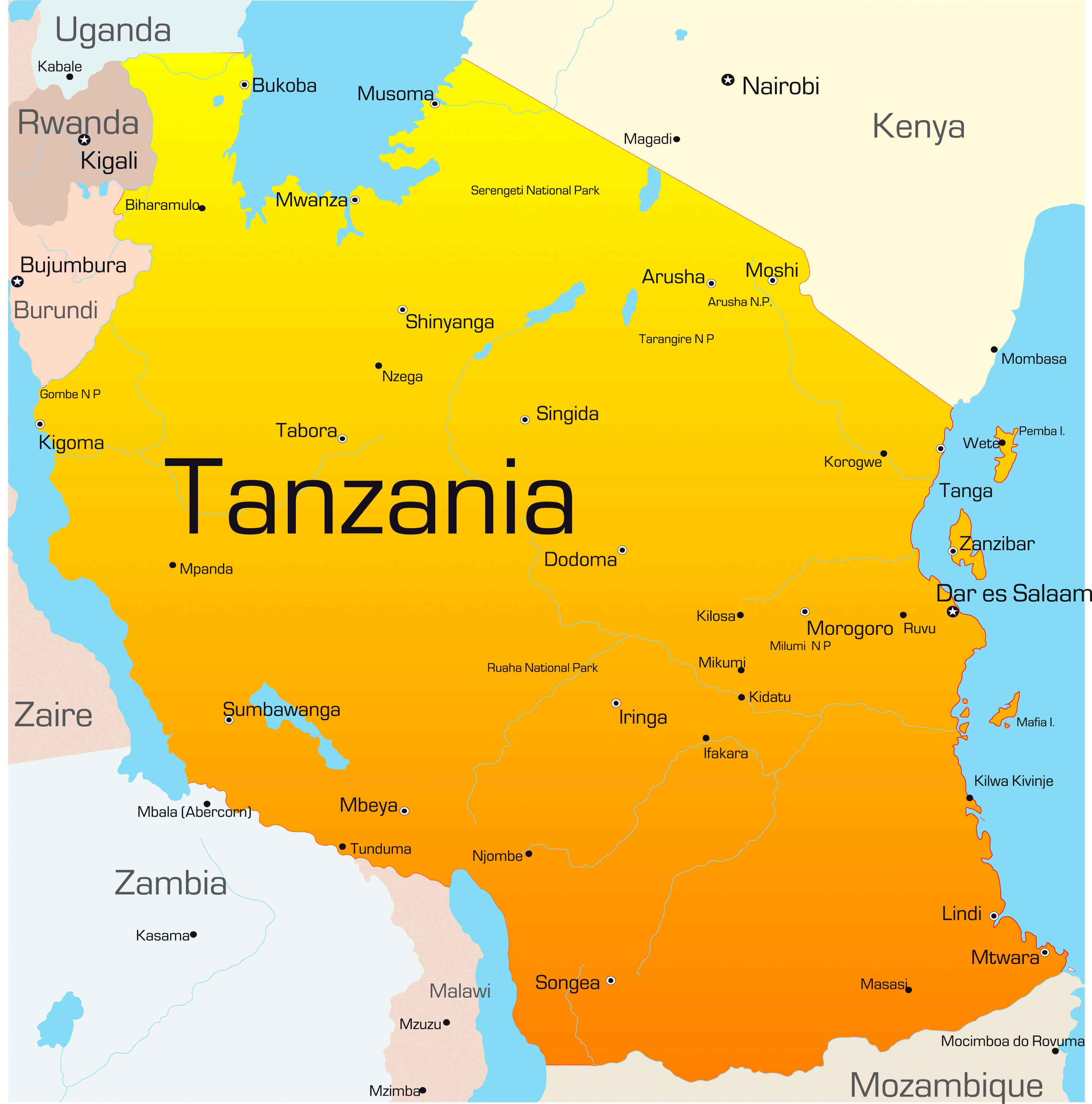 Tanzania political Map with major cities