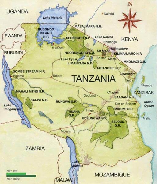 Tanzania regions Map with national parks