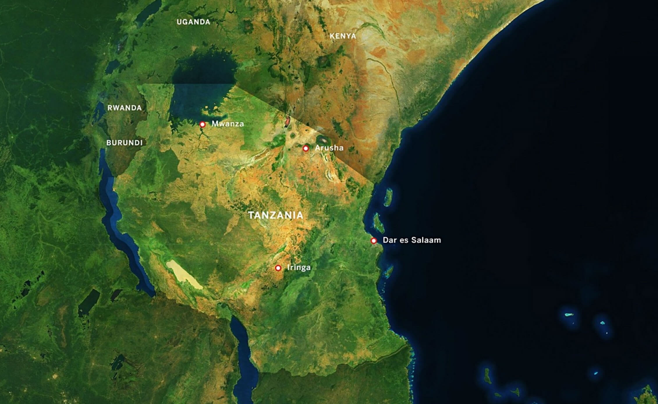 Tanzania satellite Map with cities