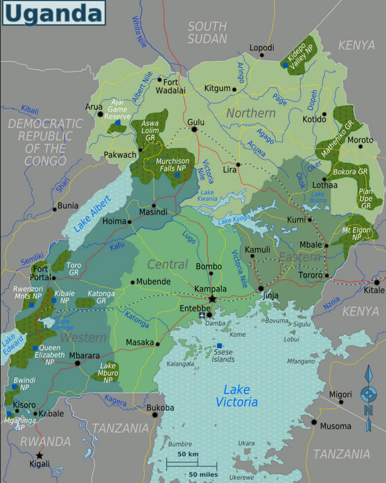 Uganda regions map with key landmarks and national parks.
