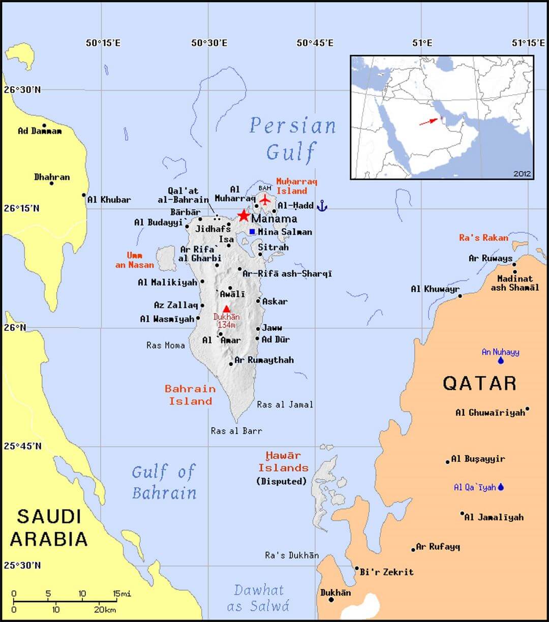 Detailed political map of Bahrain with relief