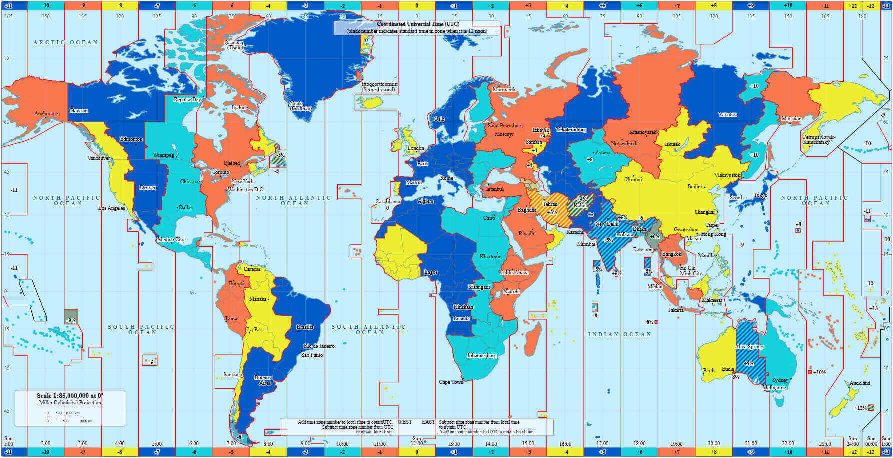 Time zones of the World and Bahrain UTC