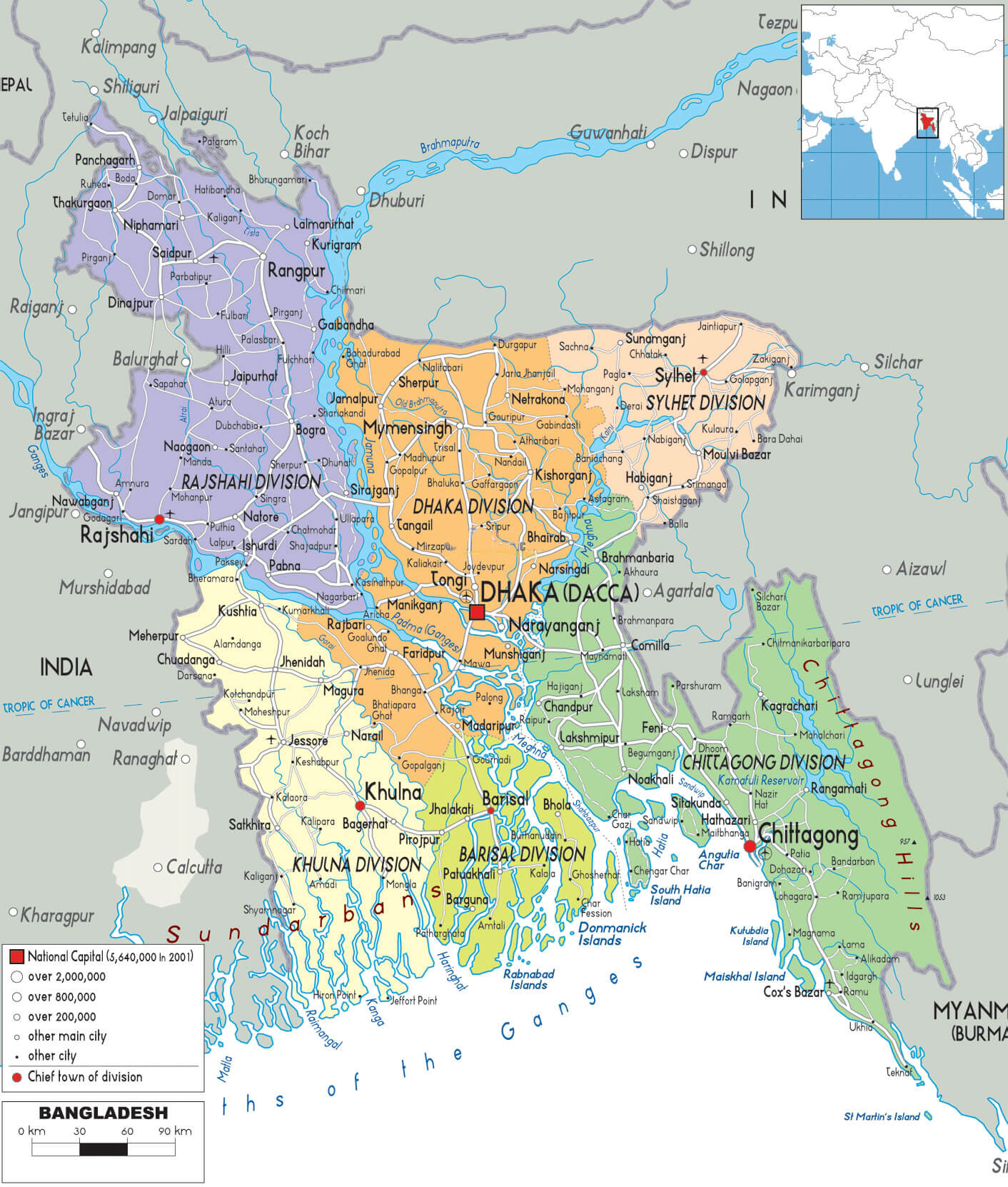 Map of Bangladesh showing divisions, major cities, and rivers