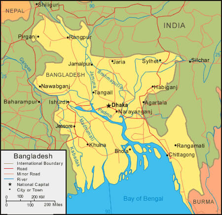 Map of Bangladesh highlighting major cities, rivers, and borders
