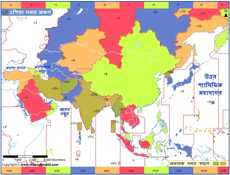 Asia and Bangladesh time zones map
