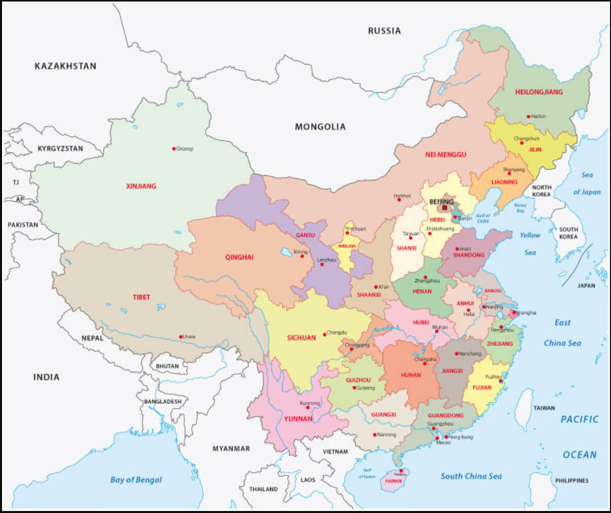 China administrative map with provinces, autonomous regions, and municipalities
