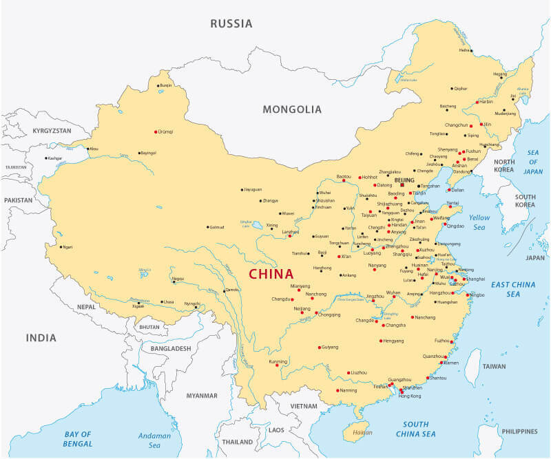 Map of China with major cities