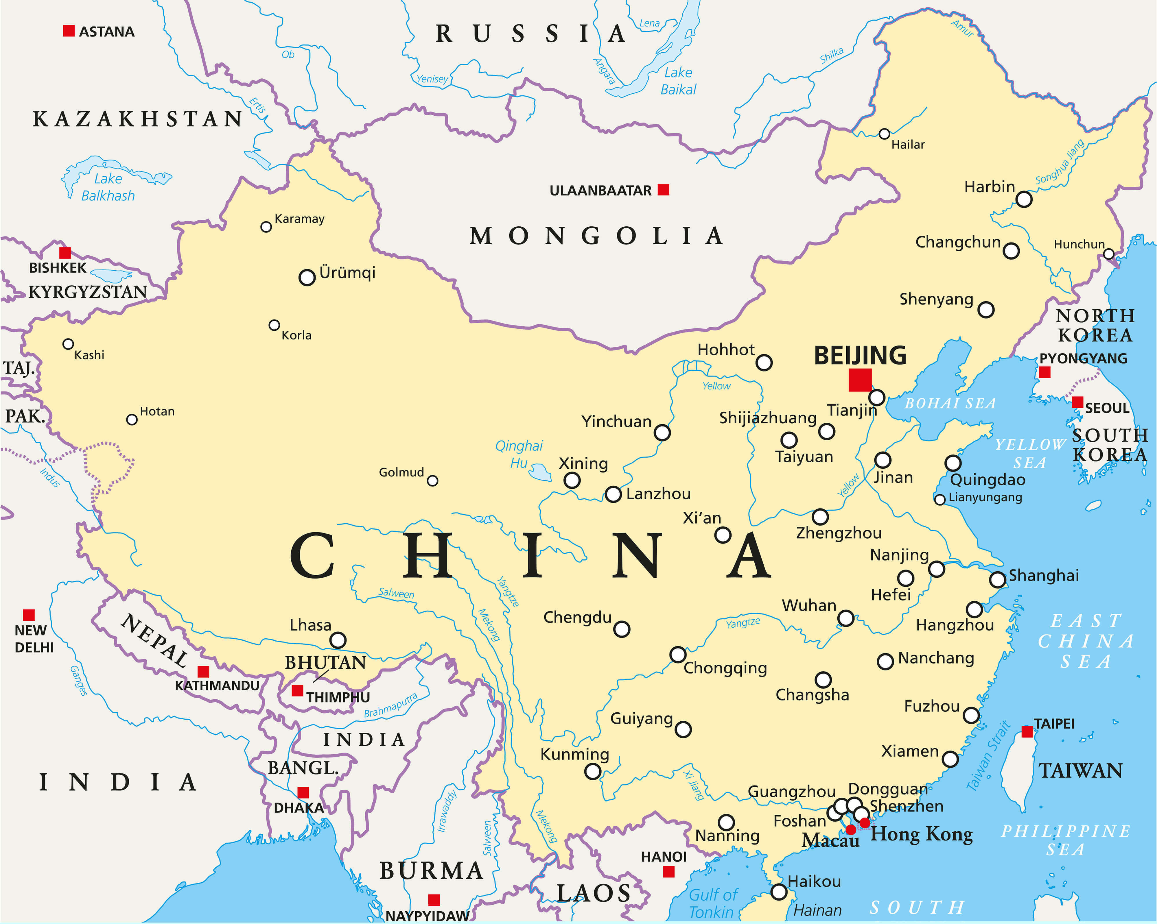 China map with major cities and international borders